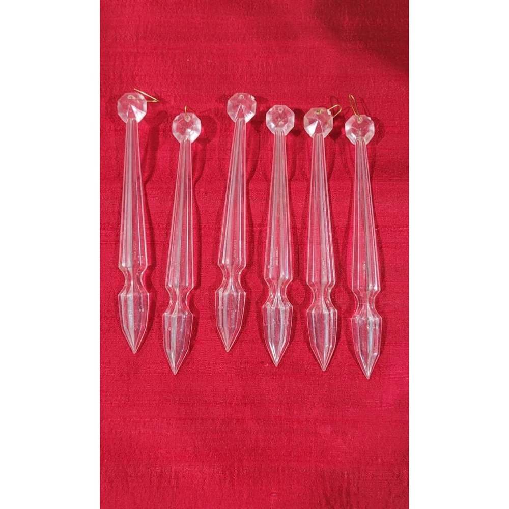 VTG Lot of 6 Clear Plastic Prism Icicle Christmas Ornaments, Hong Kong, 6" long